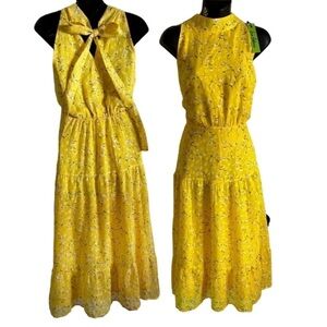 SAM EDELMAN High neck tie back midi dress yellow crepe vibrant Brat Girl 6 NWT